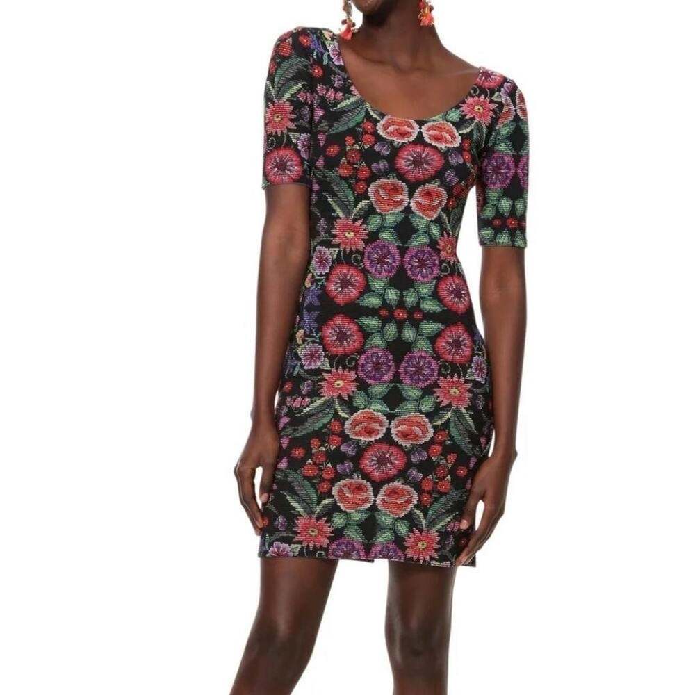 Desigual Floral Bodycon Mini Dress, Vibrant Scoop Neck, Size L